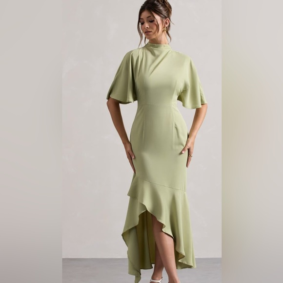 CLUB L LONDON Lavinia Champagne High-Neck Flutter Asymmetric Maxi Dress - Picture 1 of 12